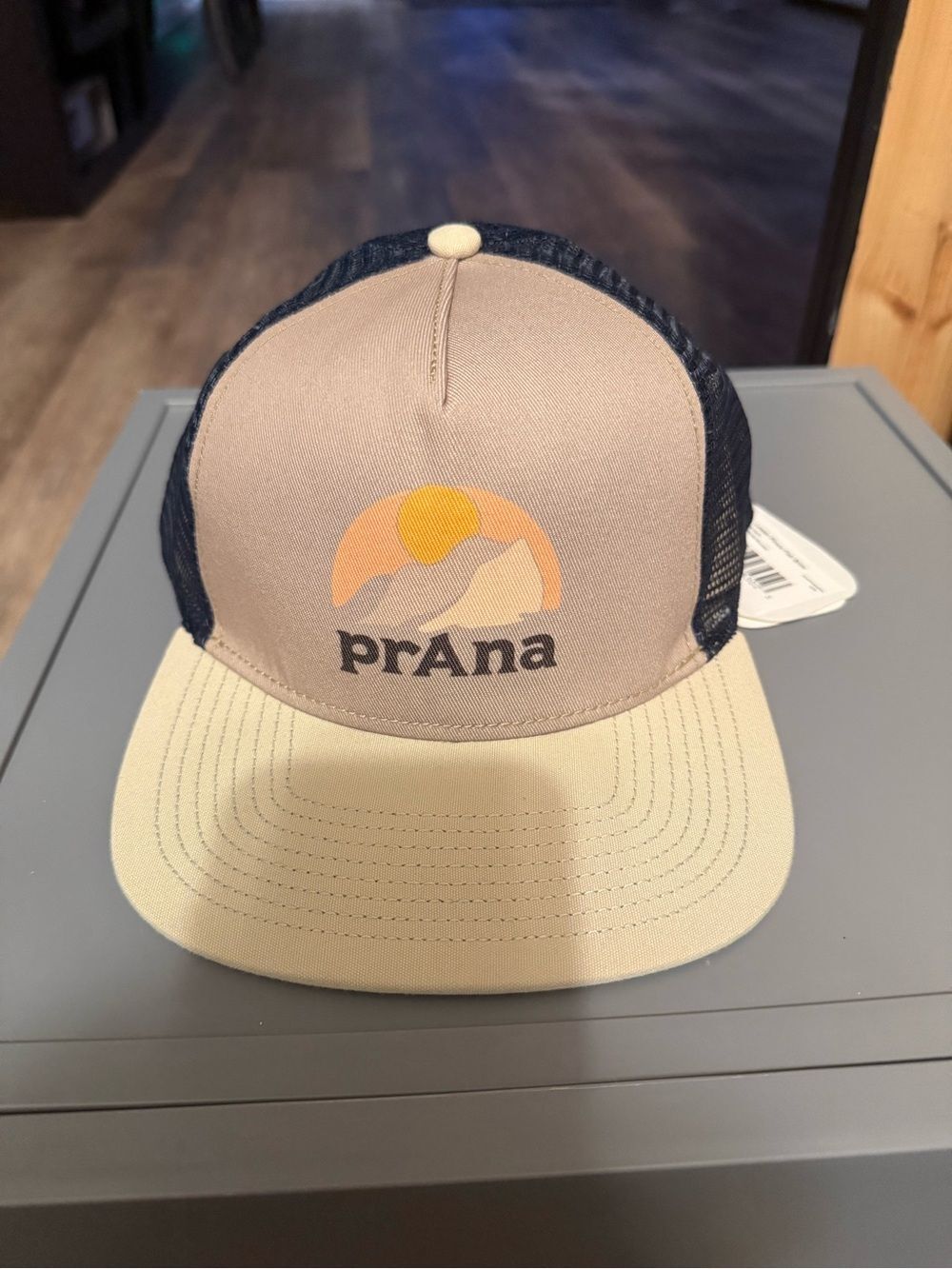 Prana Lower Pines Flat Brim Cliffside Boulder Beige, Navy & Cream Trucker Hat